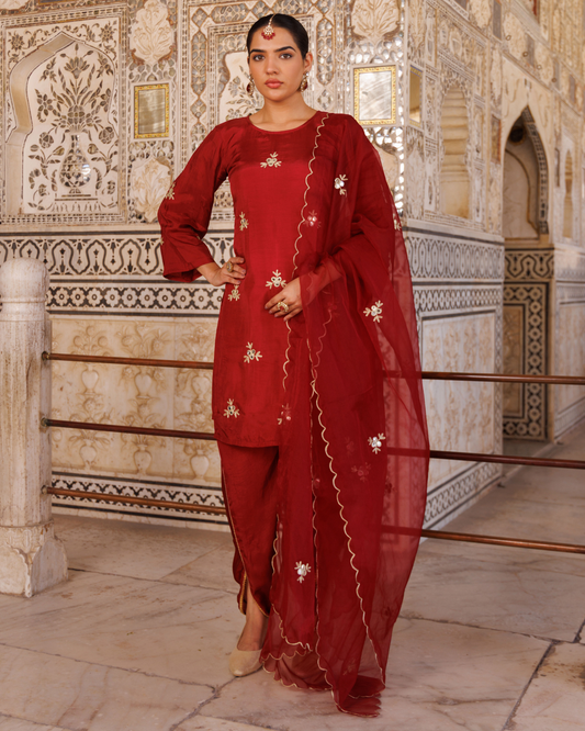 Maroon silk, gota patti work dhoti Set