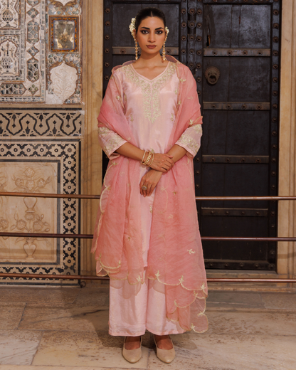 Pink tissue georgette, aari embroidered kurta set