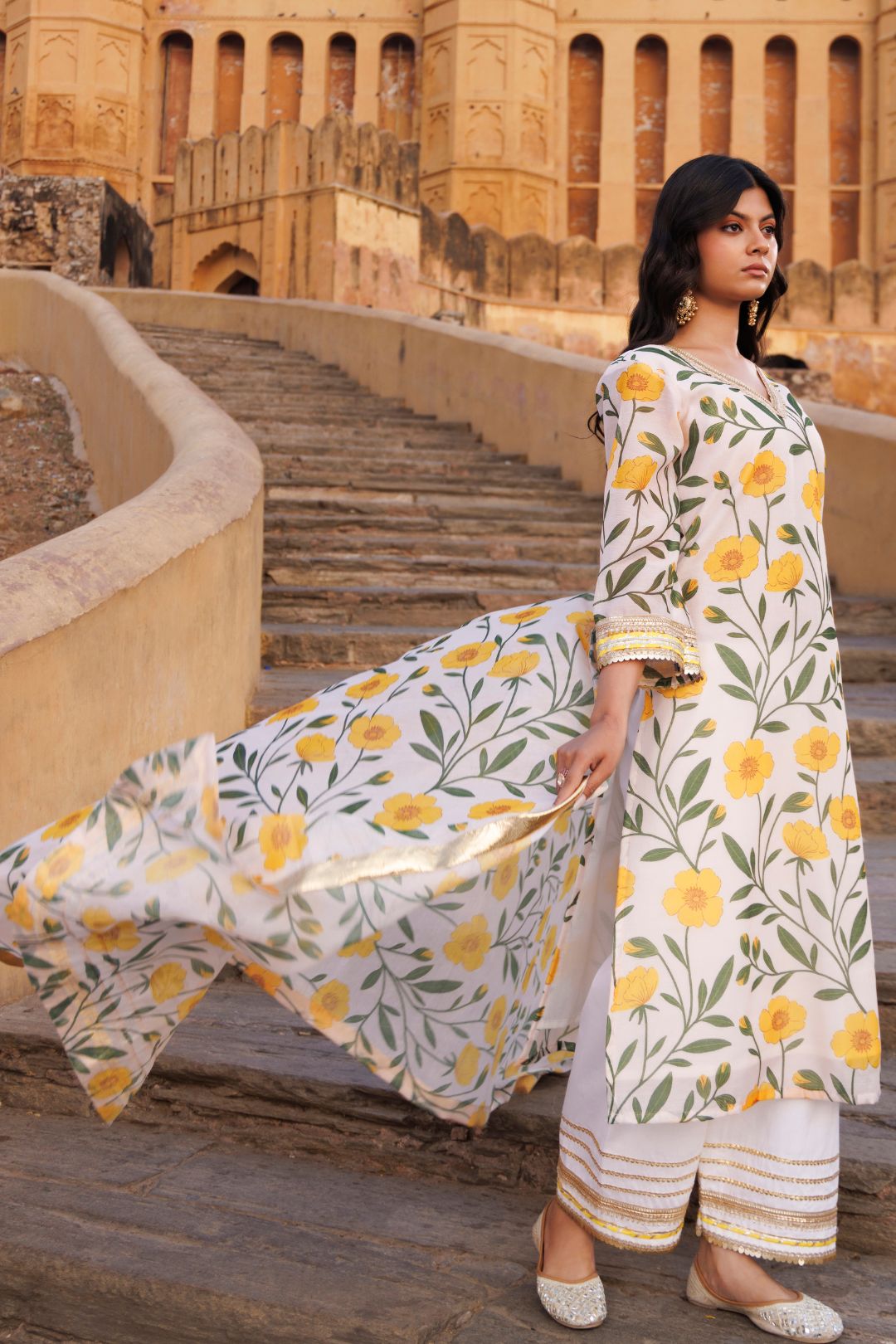 Off-white & Yellow Floral printed Chanderi Kurta Set