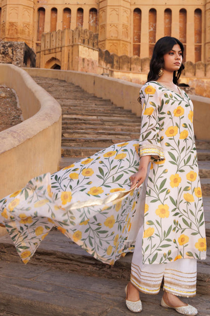 Off-white & Yellow Floral printed Chanderi Kurta Set