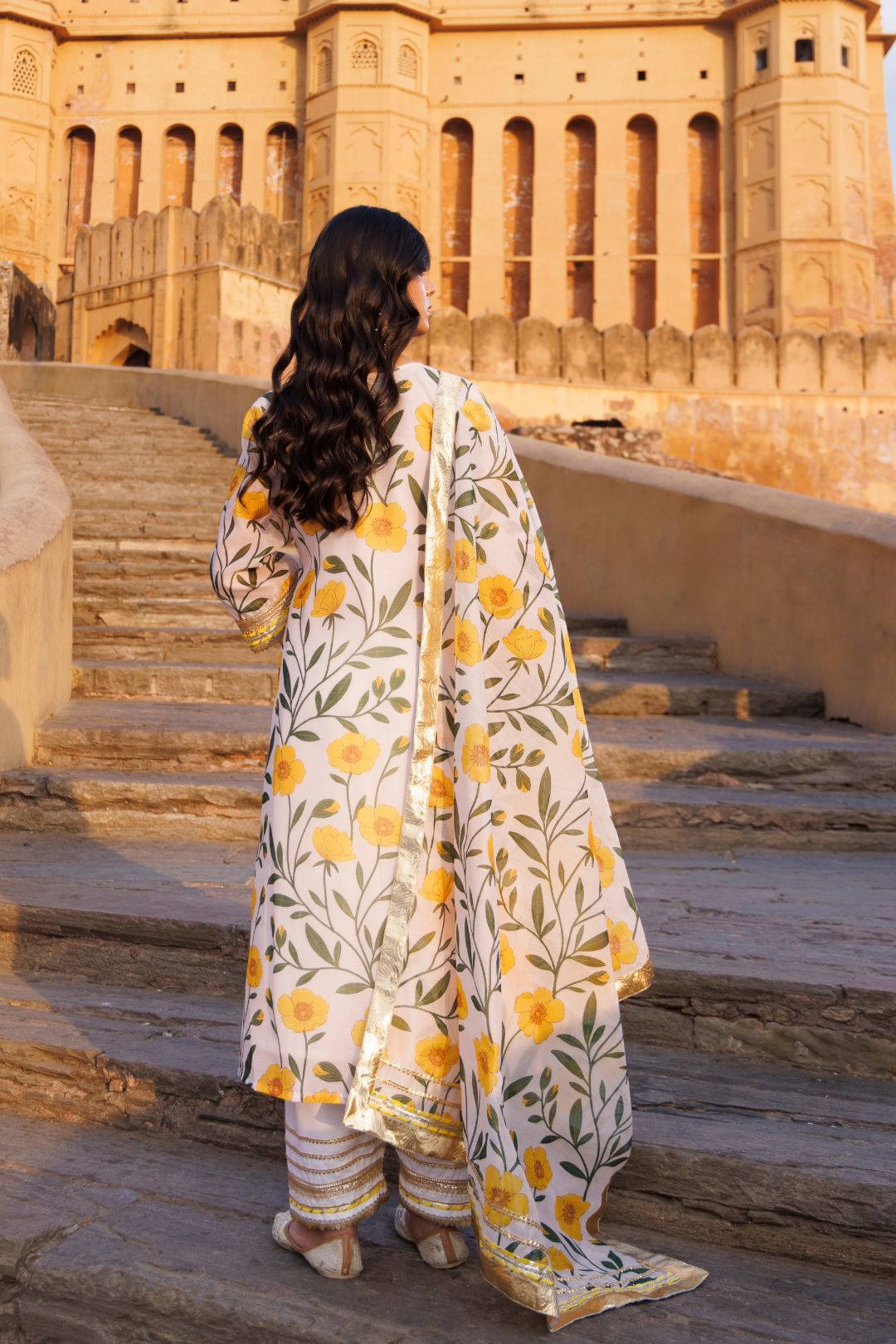 Off-white & Yellow Floral printed Chanderi Kurta Set