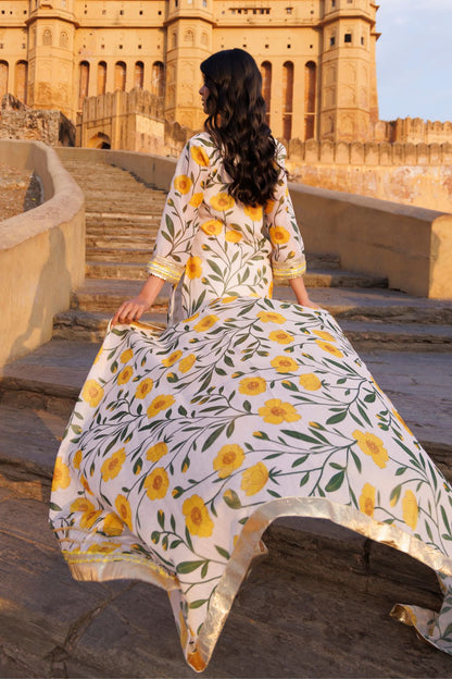 Off-white & Yellow Floral printed Chanderi Kurta Set