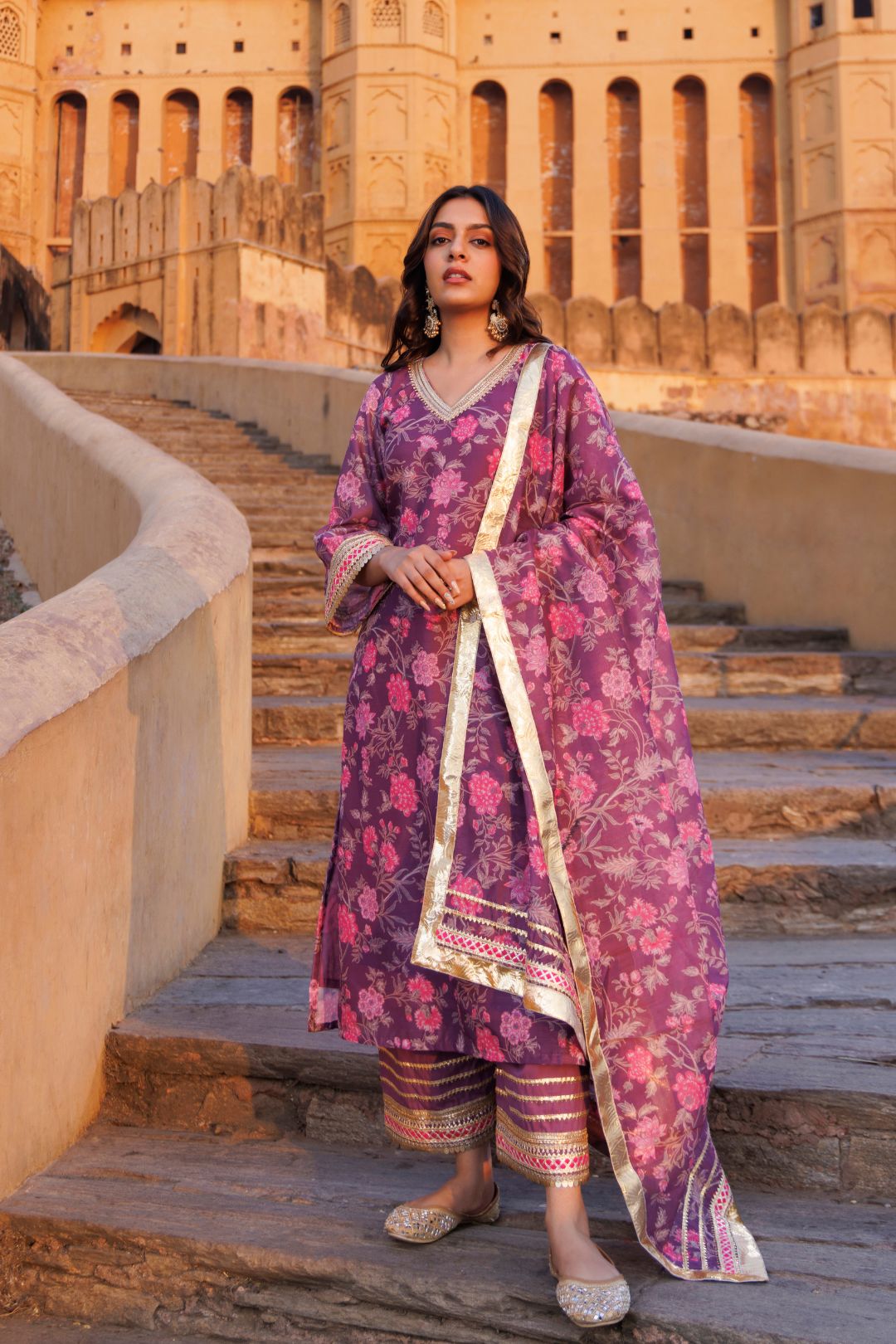 Purple Floral printed Chanderi Kurta Set
