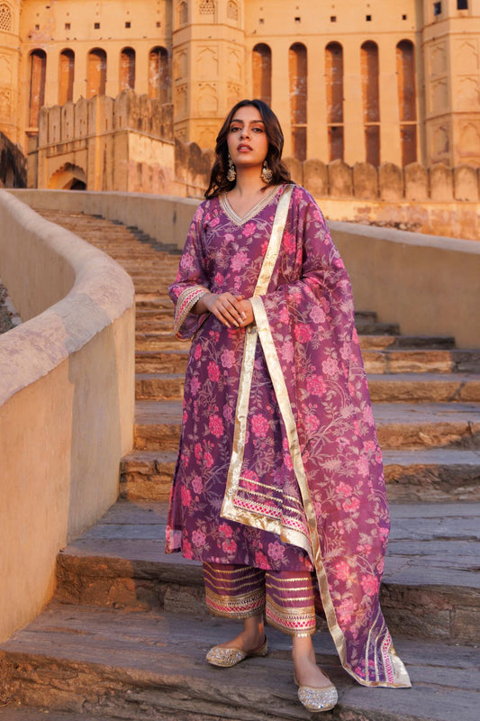 Purple Floral printed Chanderi Kurta Set