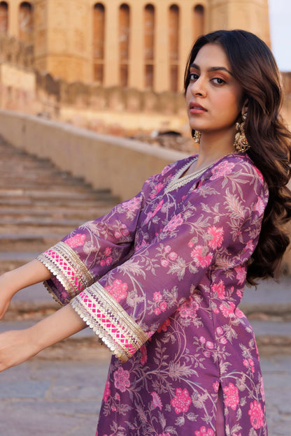 Purple Floral printed Chanderi Kurta Set