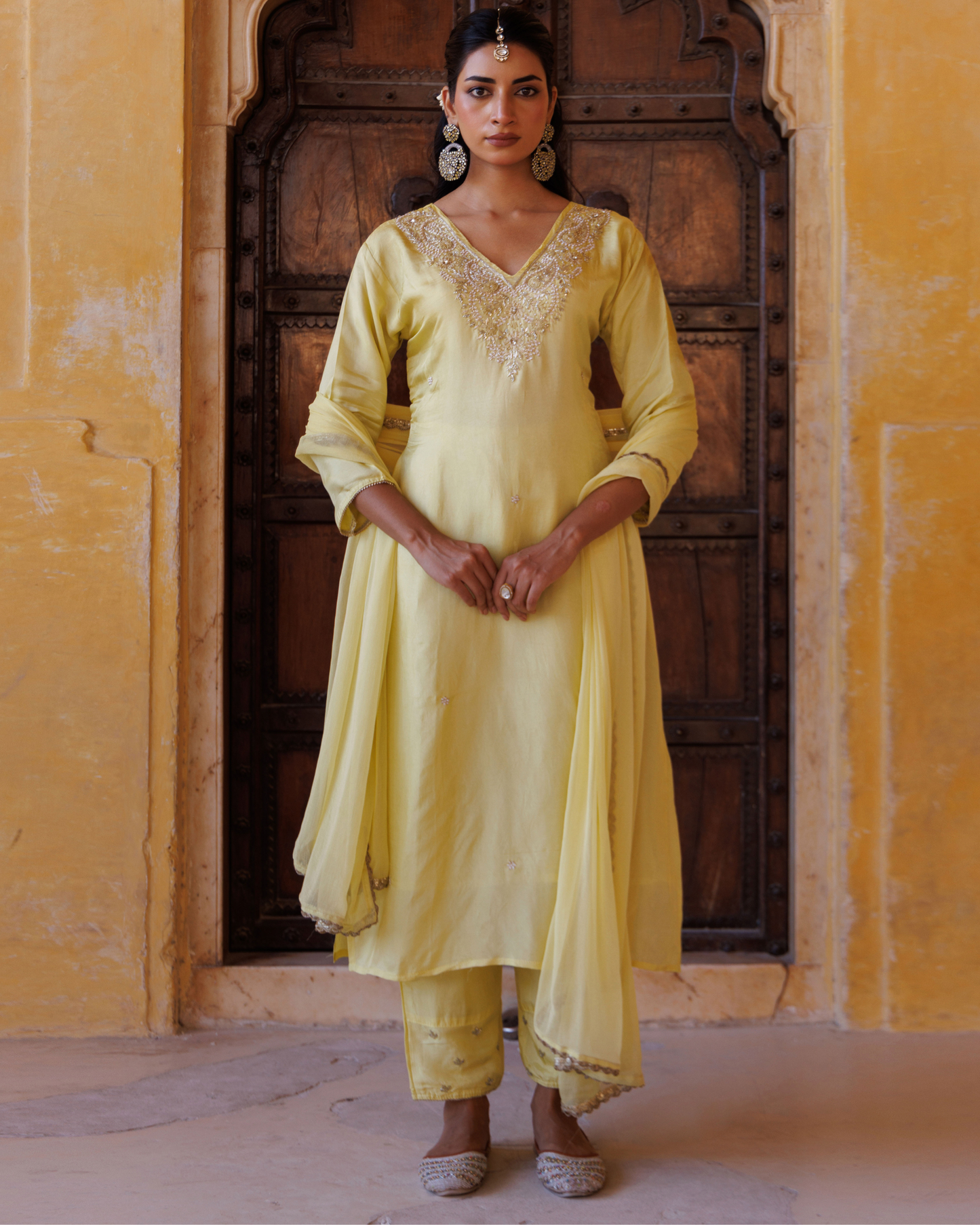 Pastel yellow silk, hand-embroidered Kurta Set