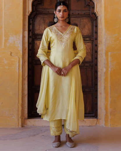 Pastel yellow silk, hand-embroidered Kurta Set