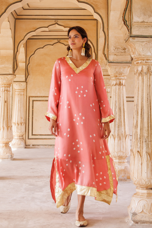 Peach Hand-Tied Bandhani Kaftan