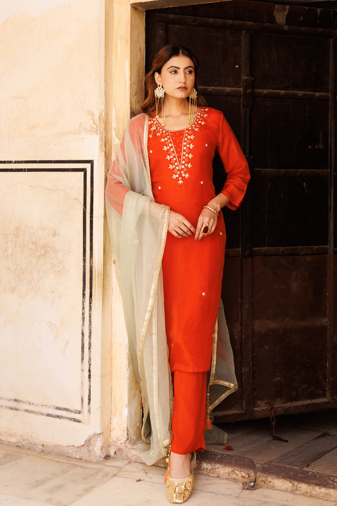 Rust-orange Hand Embroidered Kurta Set