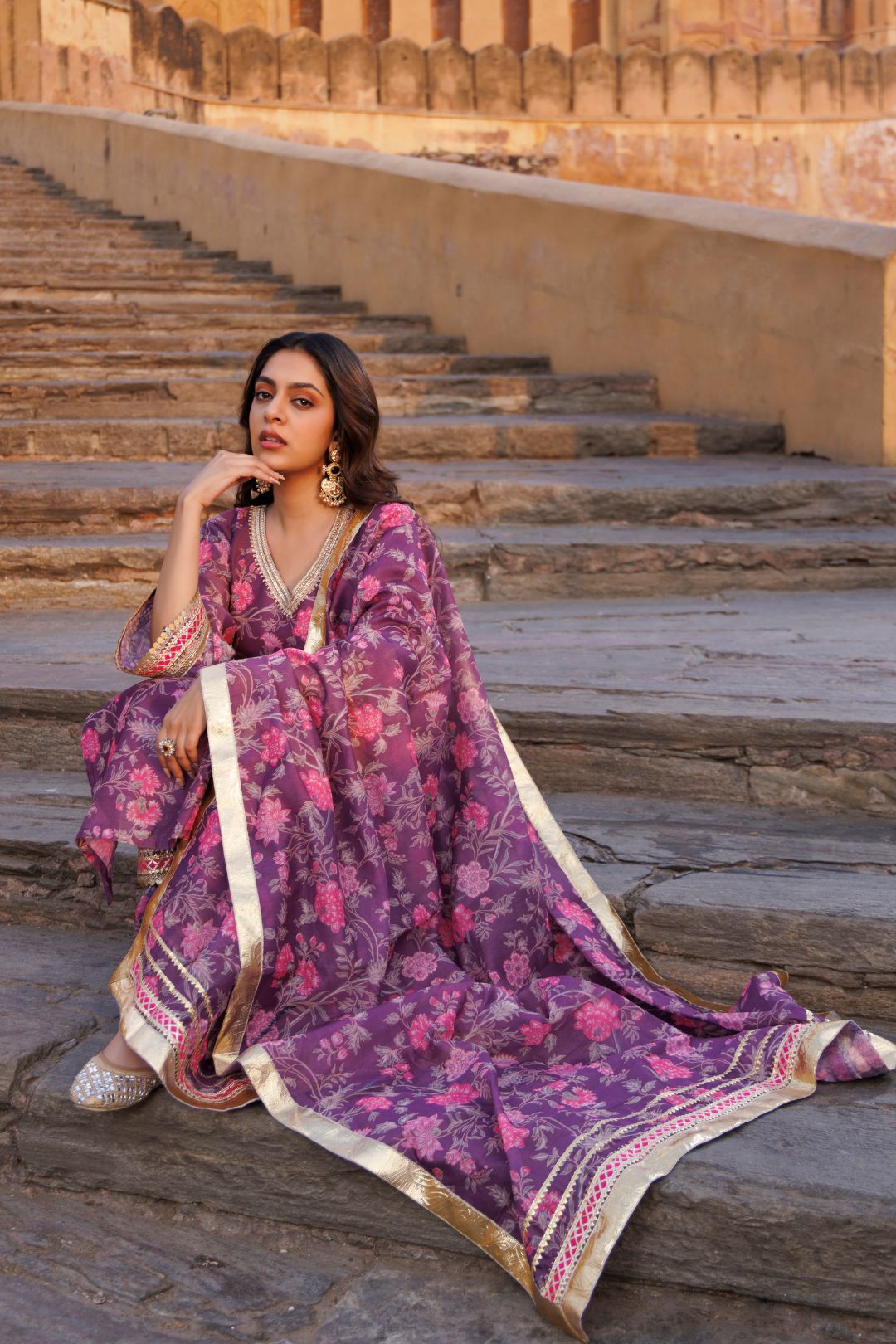 Purple Floral printed Chanderi Kurta Set
