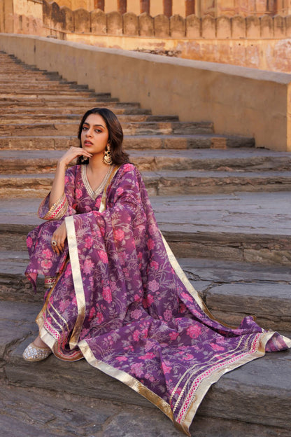 Purple Floral printed Chanderi Kurta Set