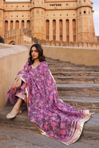 Purple Floral printed Chanderi Kurta Set
