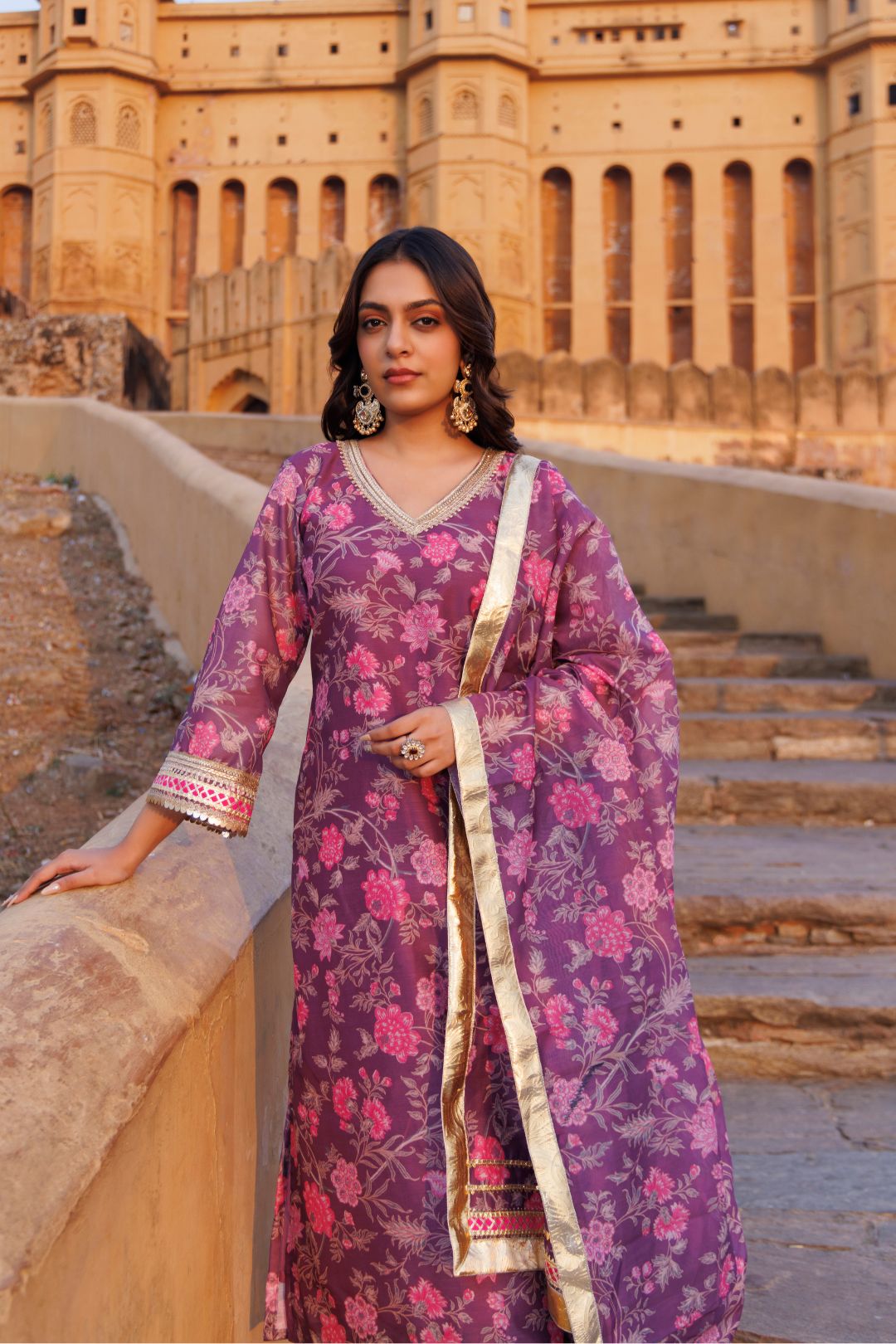 Purple Floral printed Chanderi Kurta Set