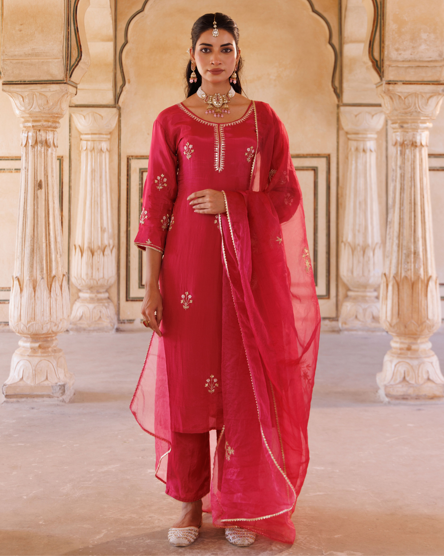 Deep pink silk, hand embroidered Kurta Set