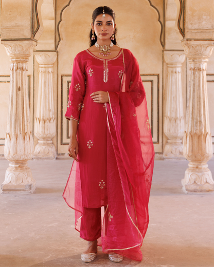 Deep pink silk, hand embroidered Kurta Set