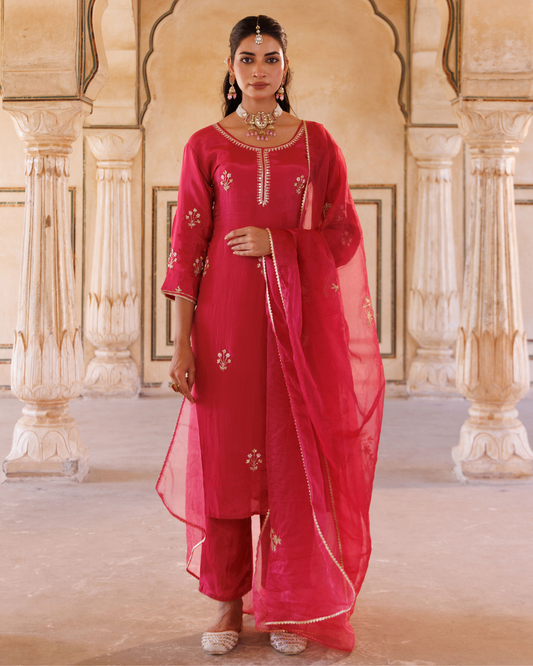 Deep pink silk, hand embroidered Kurta Set