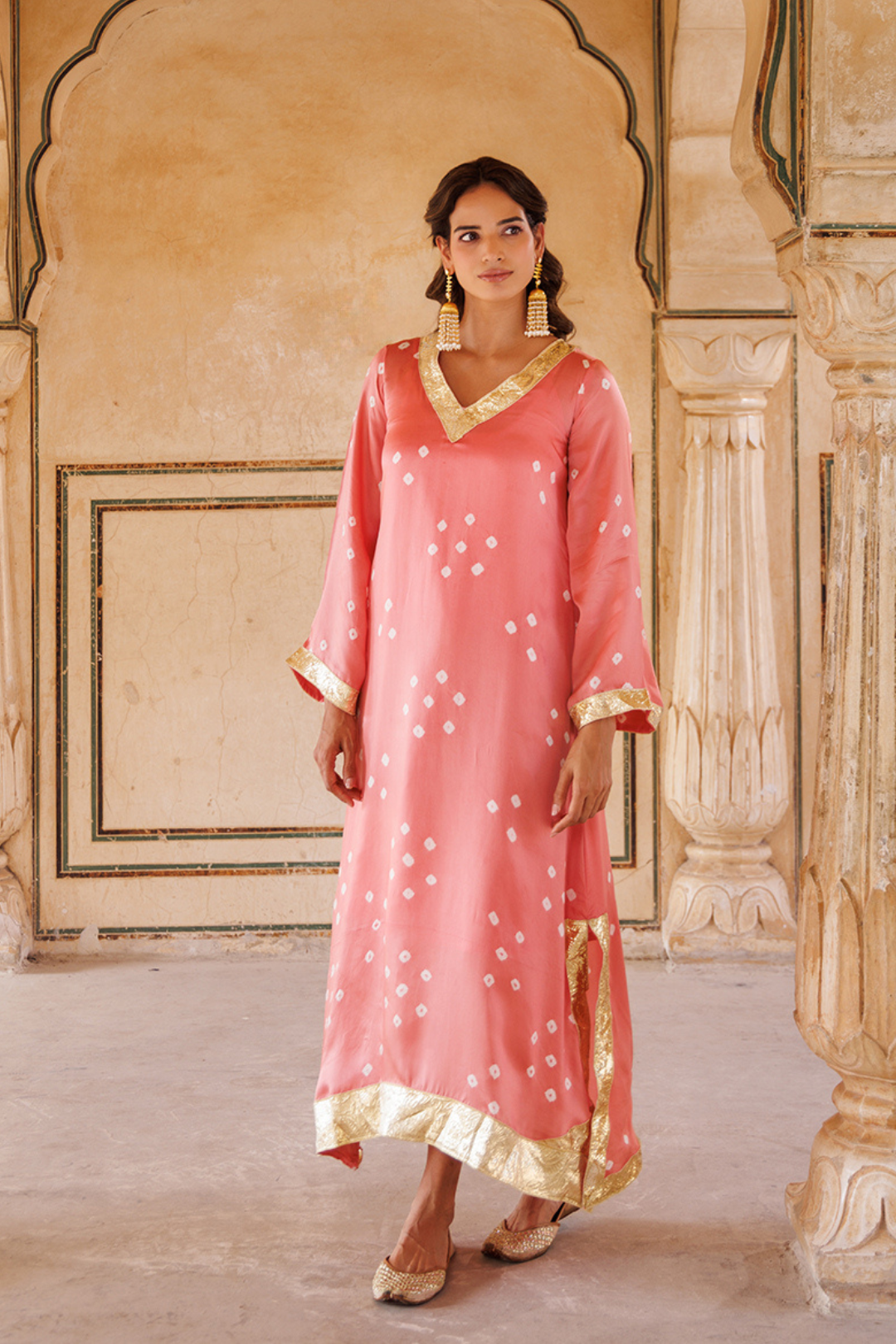 Peach Hand-Tied Bandhani Kaftan