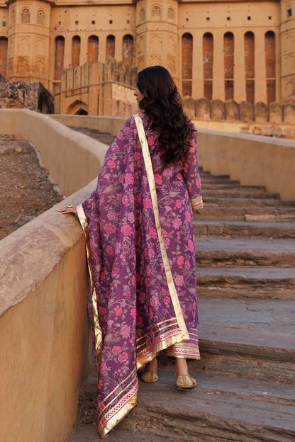 Purple Floral printed Chanderi Kurta Set