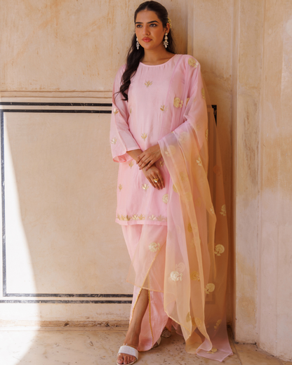 Light pink silk, gota patti work dhoti Set