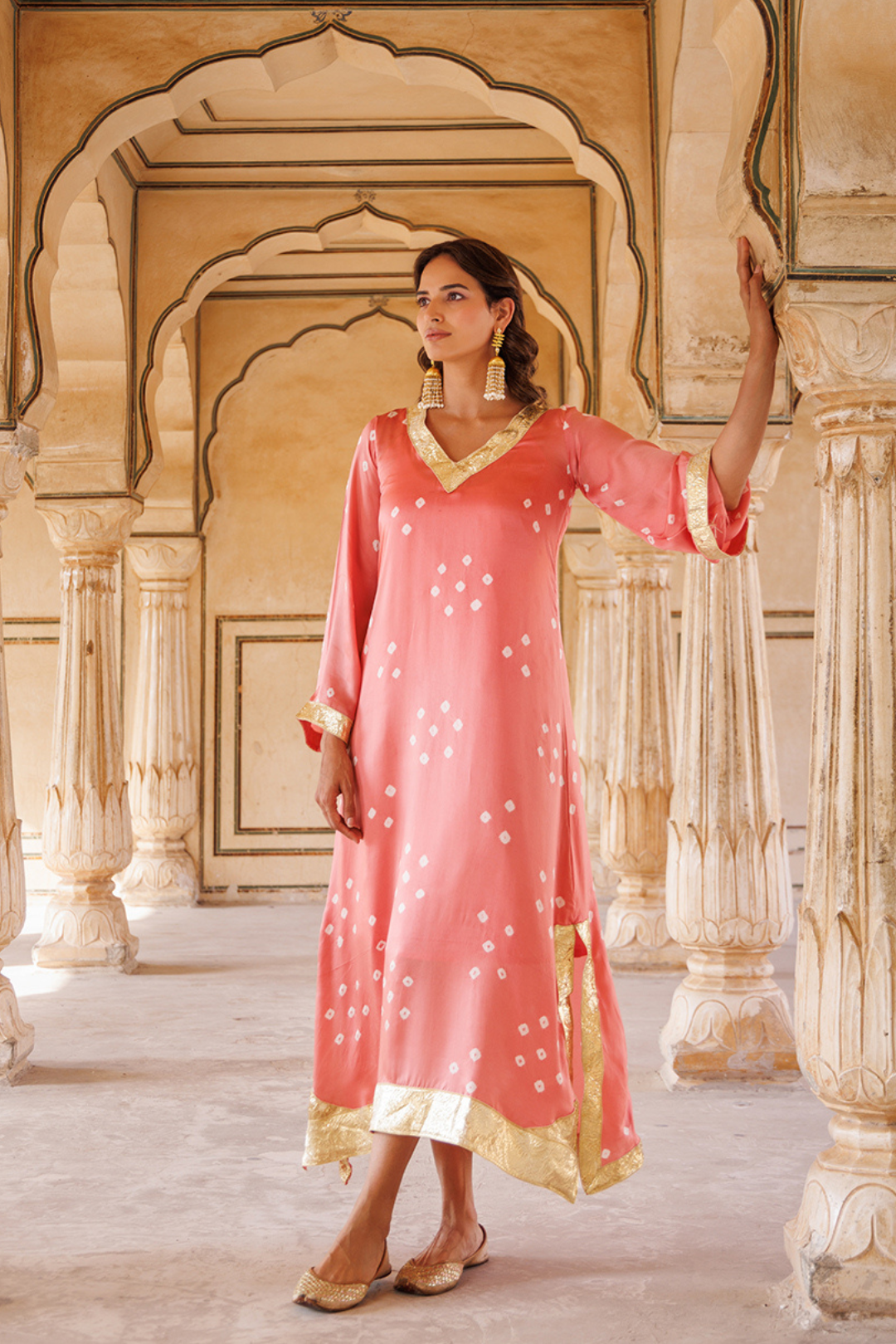 Peach Hand-Tied Bandhani Kaftan