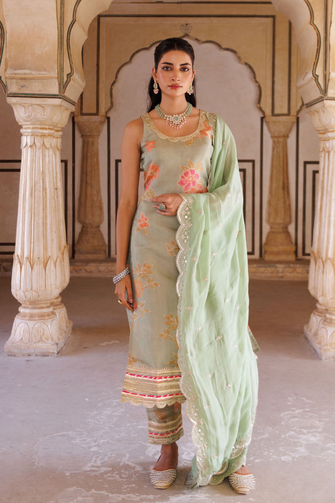 Green tissue kurta set