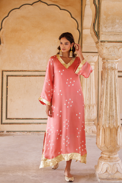 Peach Hand-Tied Bandhani Kaftan