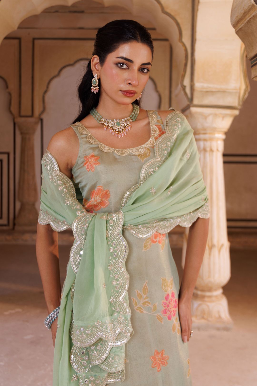 Green tissue kurta set