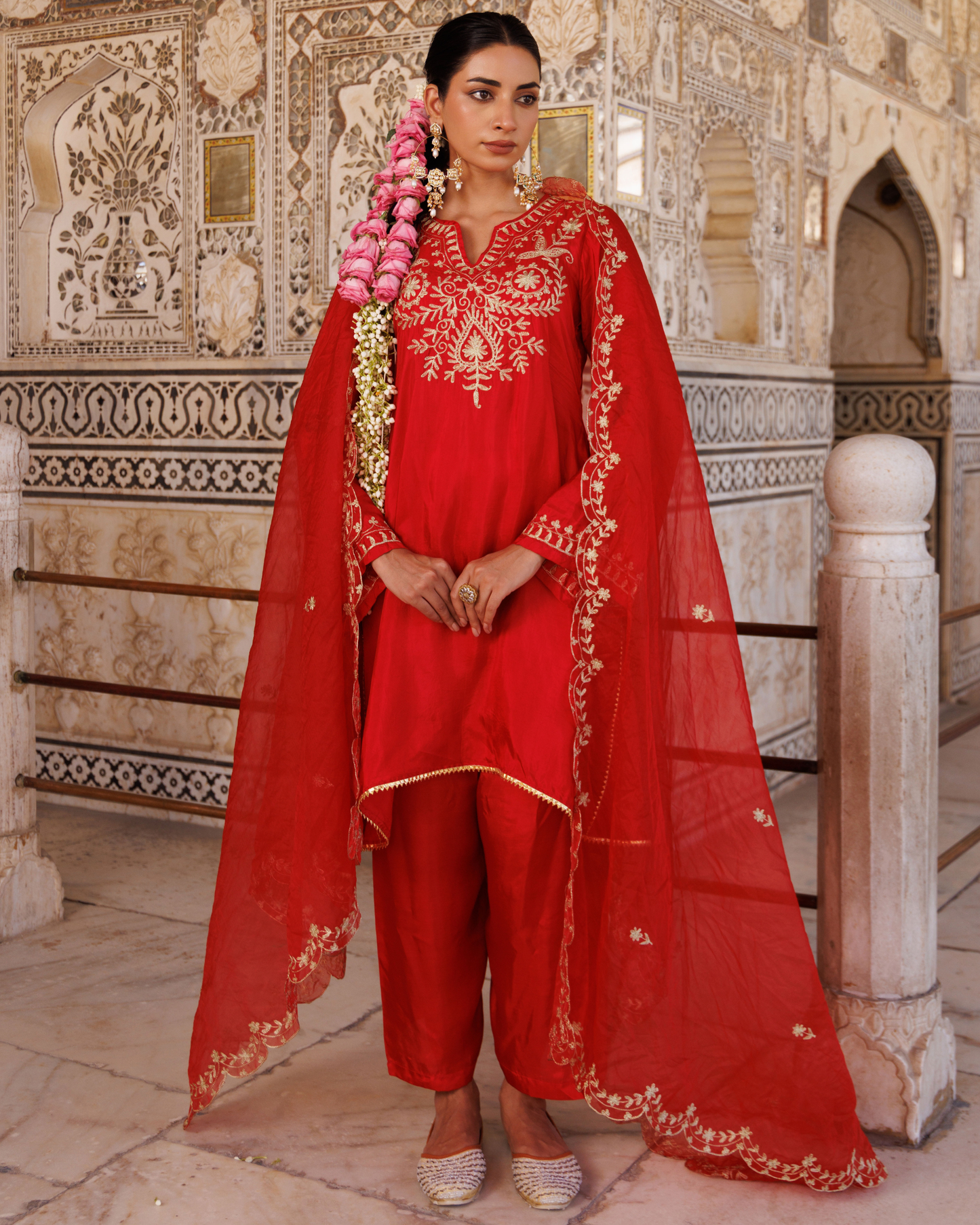 Red silk, hand embroidered kurta Set