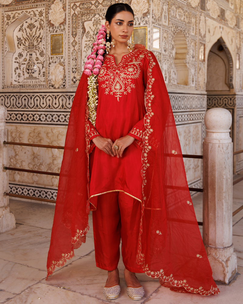 Red silk, aari embroidered kurta Set