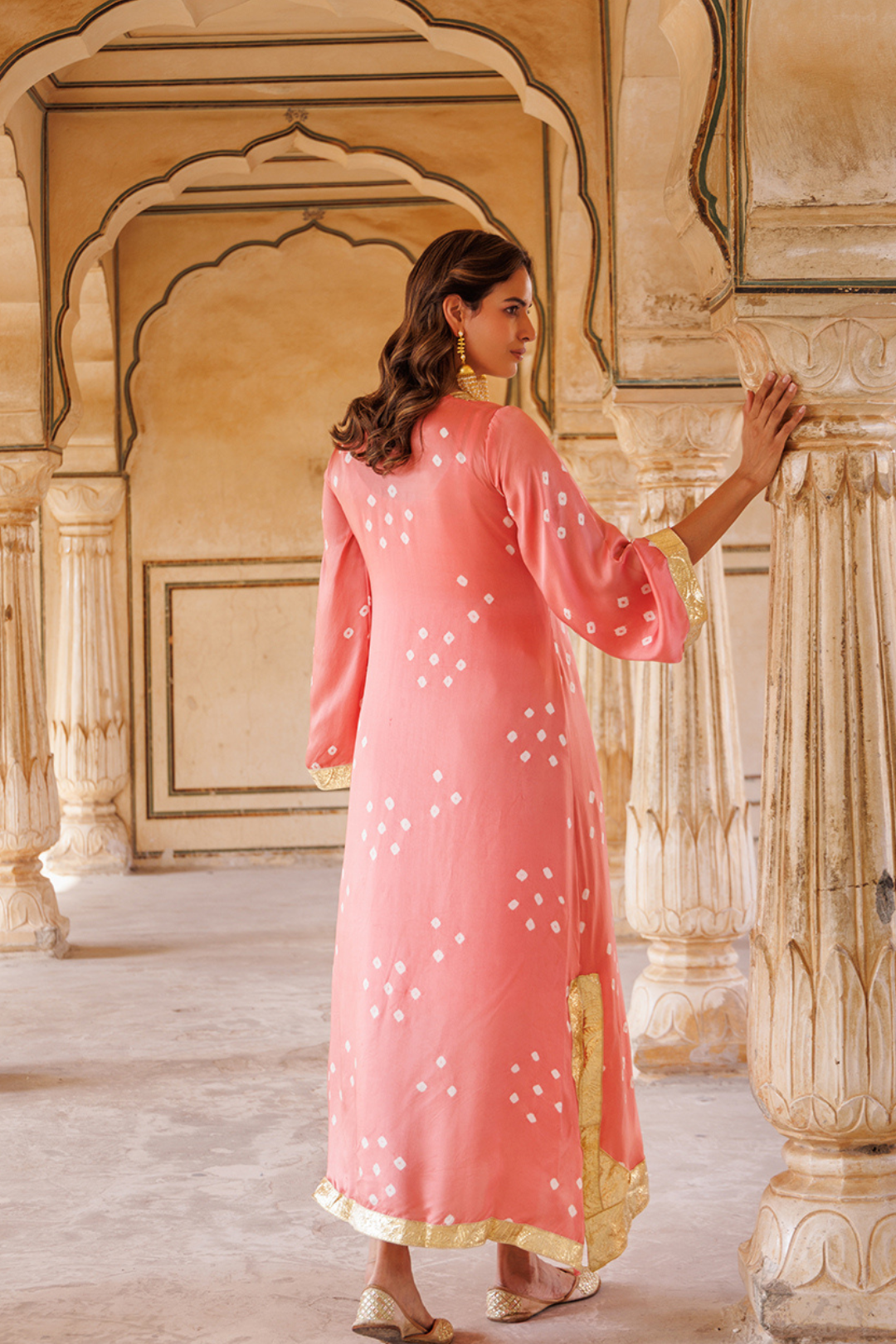 Peach Hand-Tied Bandhani Kaftan