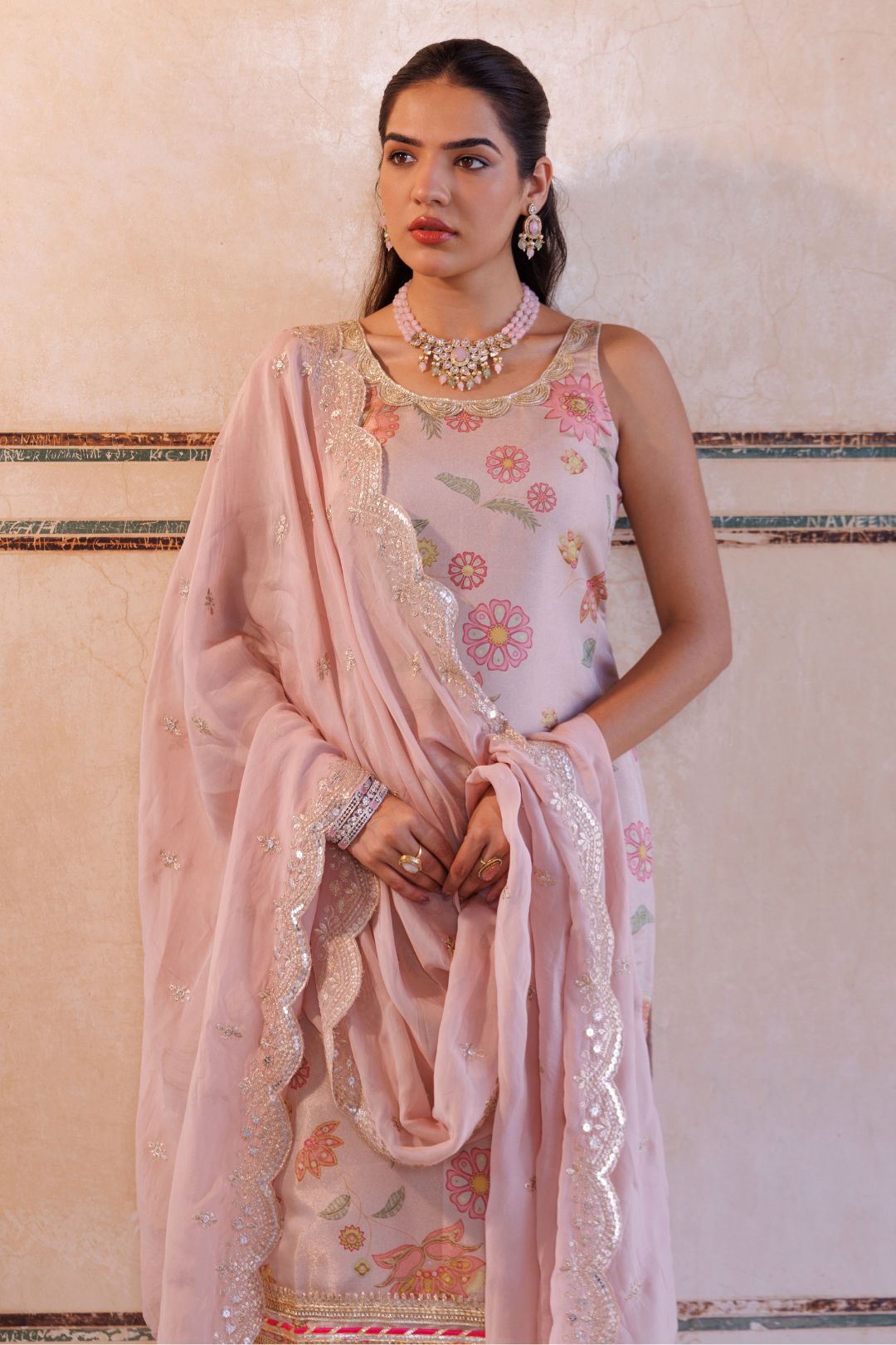Pink tissue kurta set