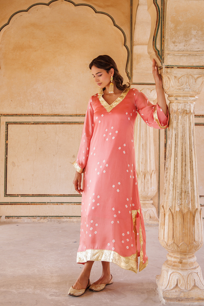 Peach Hand-Tied Bandhani Kaftan
