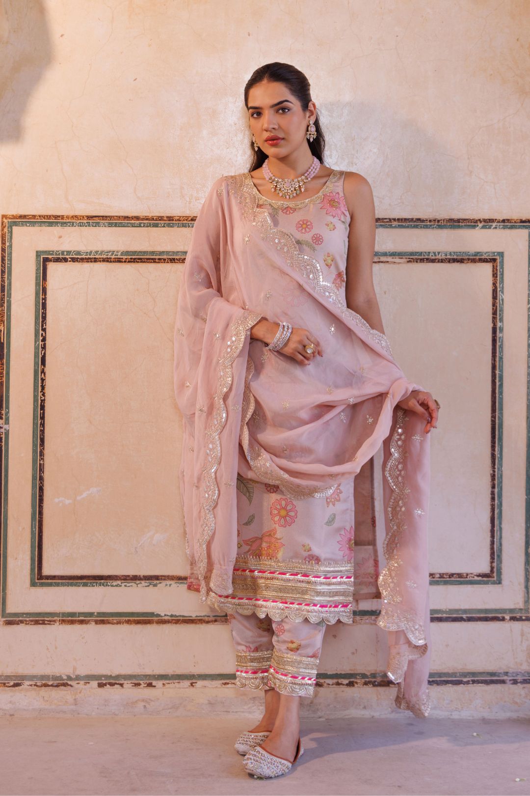 Pink tissue kurta set