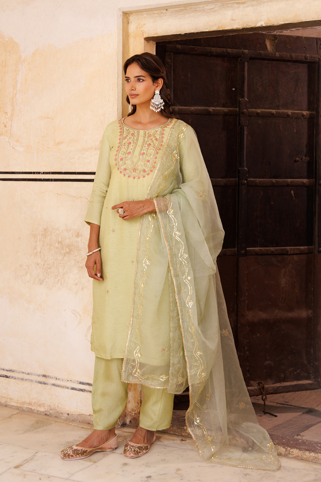 Pastel green hand embroidery Kurta Set