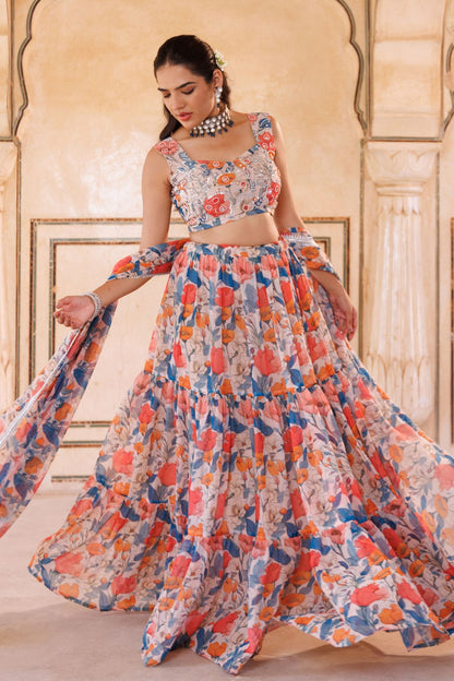 Beige georgette, blue & orange floral printed lehenga set