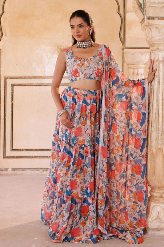 Beige georgette, blue & orange floral printed lehenga set