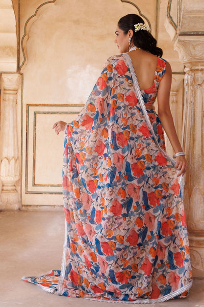 Beige georgette, blue & orange floral printed lehenga set
