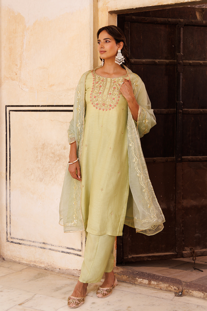 Pastel green hand embroidery Kurta Set