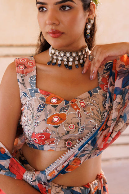 Beige georgette, blue & orange floral printed lehenga set