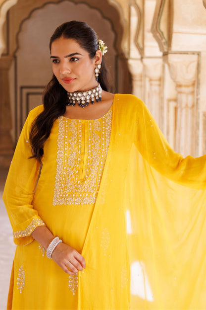 Yellow silk, hand-embroidered sharara set