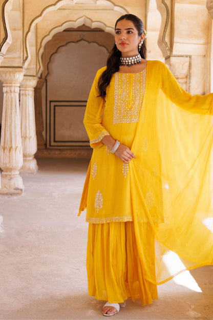Yellow silk, hand-embroidered sharara set