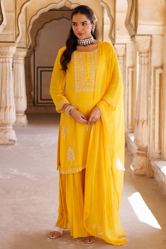 Yellow silk, hand-embroidered sharara set