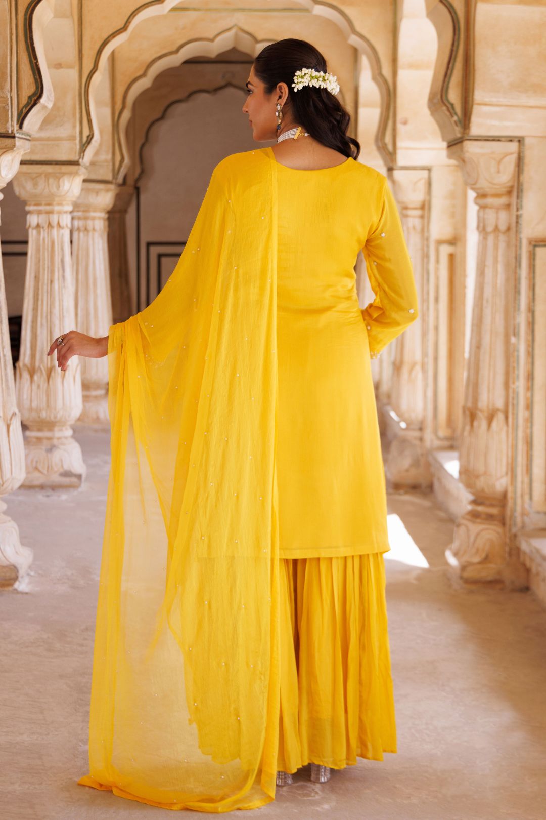 Yellow silk, hand-embroidered sharara set