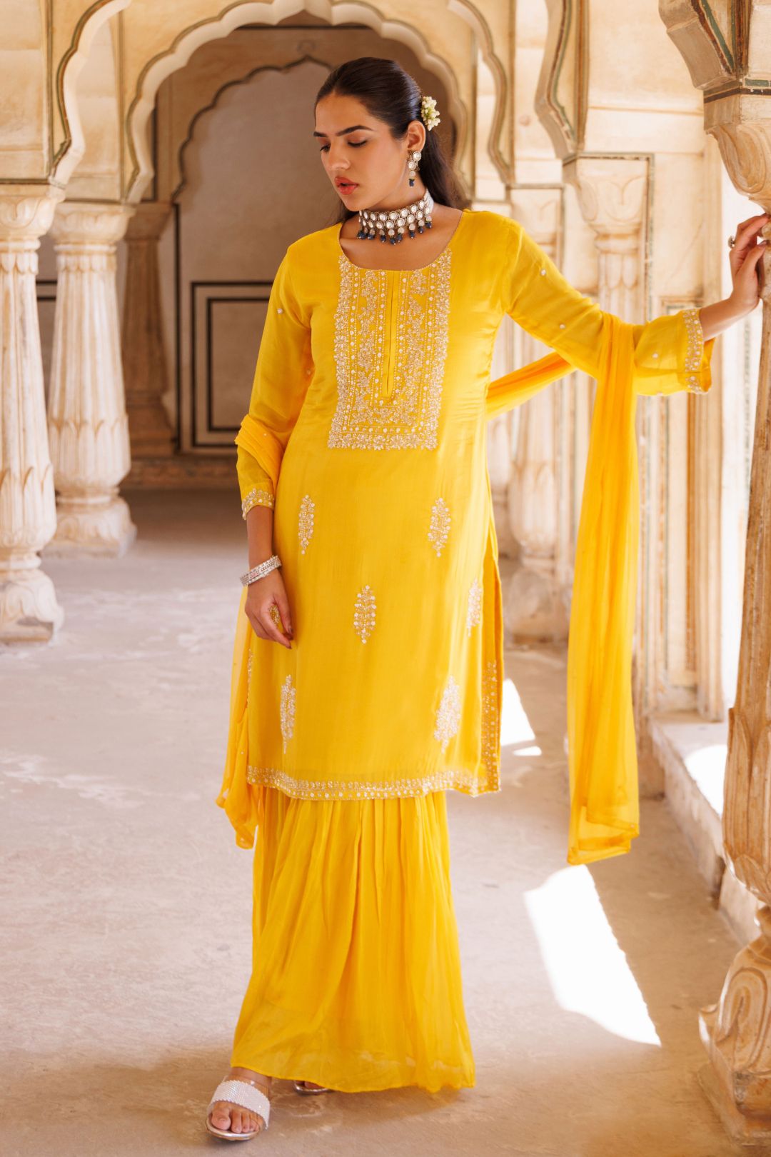 Yellow silk, hand-embroidered sharara set