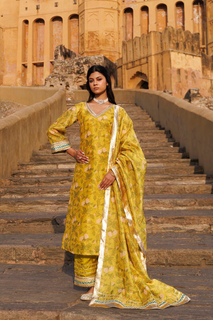 Olive Yellow Chanderi Kurta Set