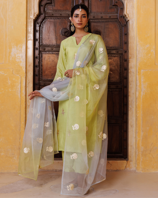 Pastel Green Silk Kurta Set & Seekhiya Gota Work Dupatta