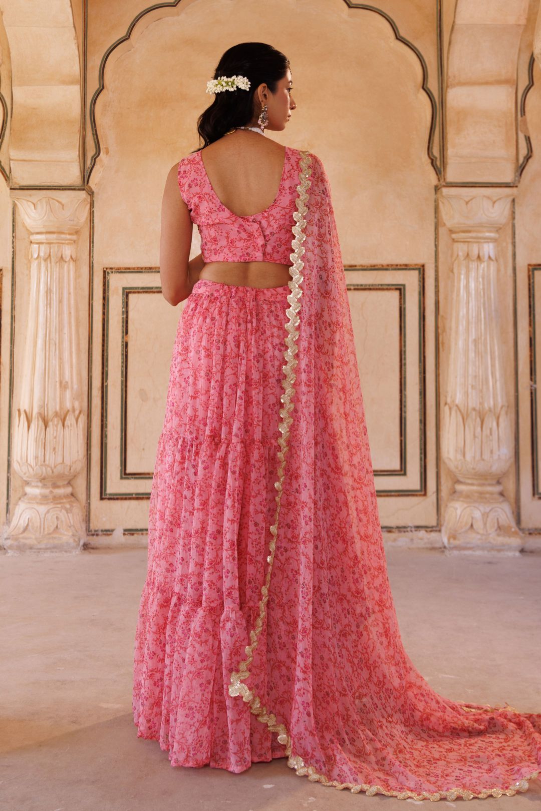 Pink Printed Chiffon Lehenga Set