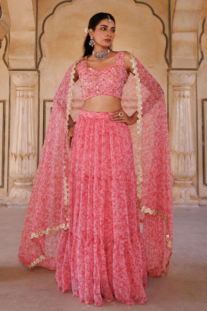 Pink Printed Chiffon Lehenga Set