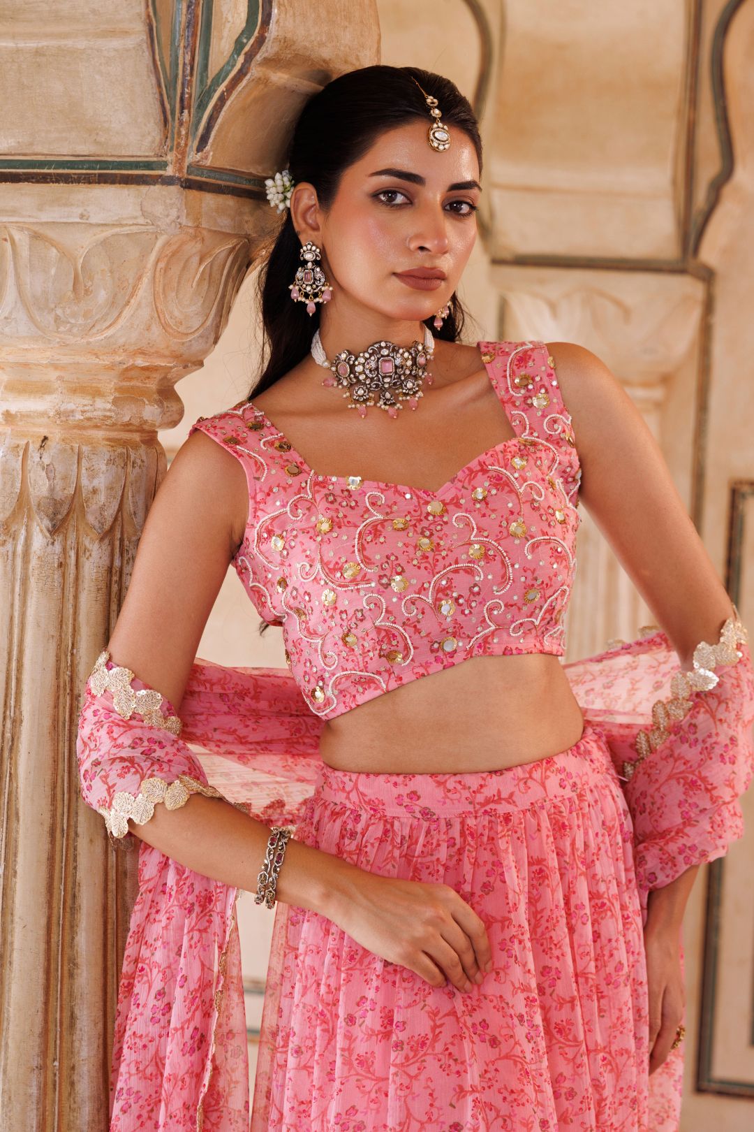 Pink Printed Chiffon Lehenga Set