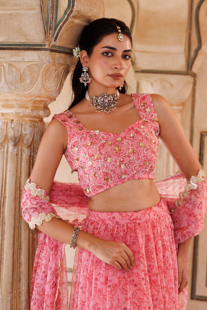 Pink Printed Chiffon Lehenga Set